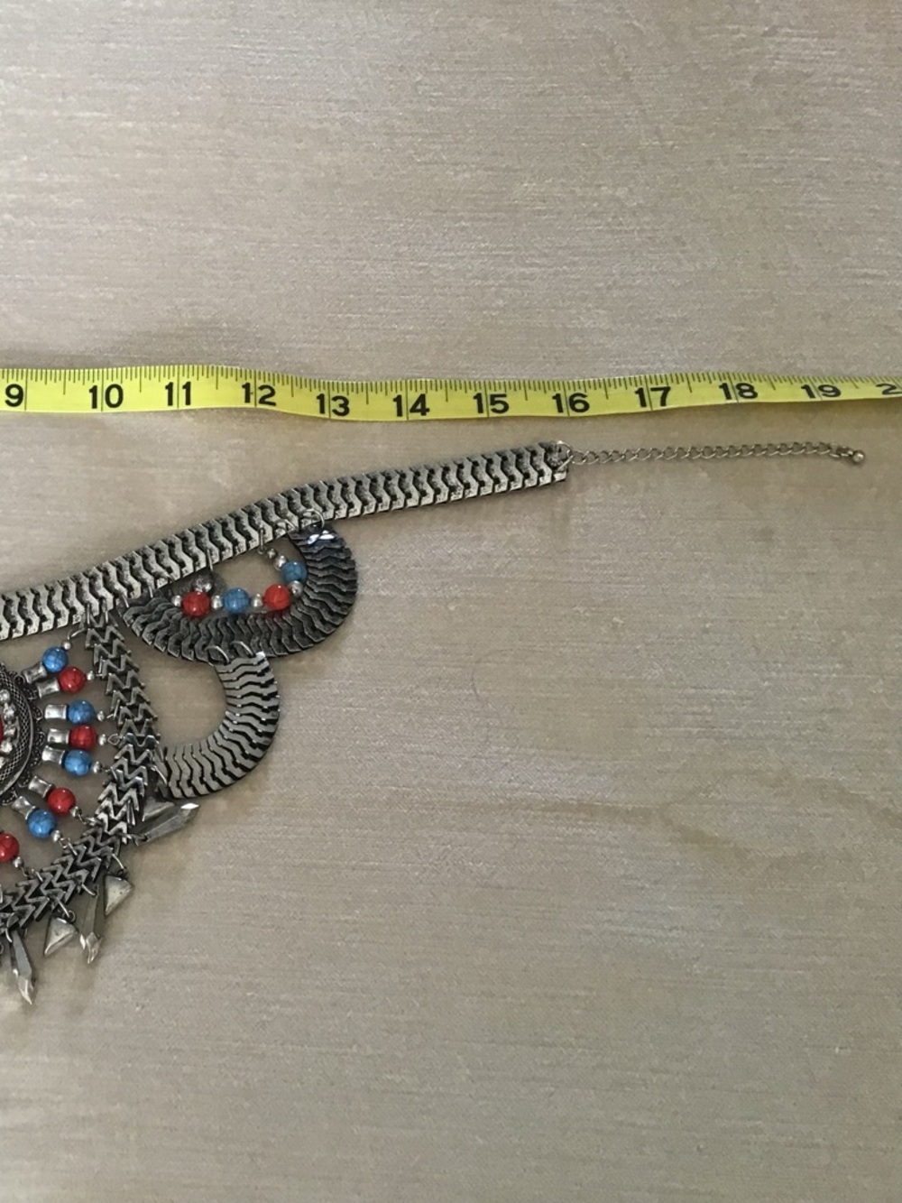 Statement Red & Turquoise Colored Beaded Silver-Tone Bib Necklace - Picture 5 of 6